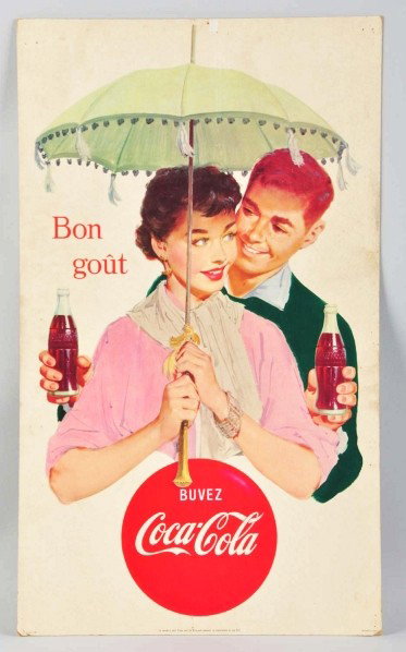 Cardboard French-Canadian Coca-Cola Poster.: Description 1950s. Two-sided. A few staple and tack holes (mostly to perimeter), light soiling, wear, and surface marks. Condition (Very Good). Size 27" x 16".