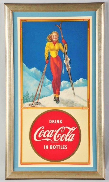 Paper Coca-Cola Poster.: Description 1940s. Nicely framed under glass. This once had a rectangular calendar pad, pad is now missing and has been replaced by a 1950s Coca-Cola adhesive decal. Only minor marks and one or two st