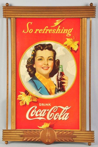 Cardboard Coca-Cola Vertical Poster.: Description 1941. Complete with original Kay Displays frame. Medium to heavier soiling to both pieces with a few small scratches and slight fading to poster. Condition (Very Good). Size 32 - 1/4" x 21