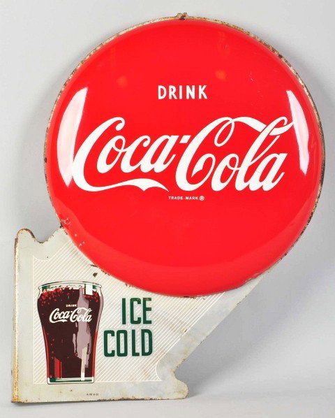 Coca-Cola Double Button Flange Sign.: Description 1950s. Both of the buttons are the same age but are not necessarily matching. Better button has a clean central image area with some stronger dents around the perimeter. The lesser side ha