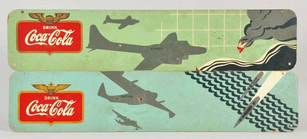 Lot of 2: Masonite Coca-Cola Kay Displays Signs.: Description 1940s. Both are missing the composition airplanes that would have attached near two mounting holes. Overall medium soiling, scratches, and light wear with some mild stains and a few edge n