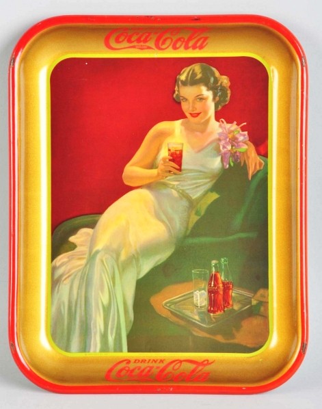 1936 Coca-Cola Serving Tray.: Description A few small, shallow dents, light scratches, and surface wear. Border with a few rim chips and nicks. Condition (Excellent). Size 13 - 1/4" x 10 - 1/2".
