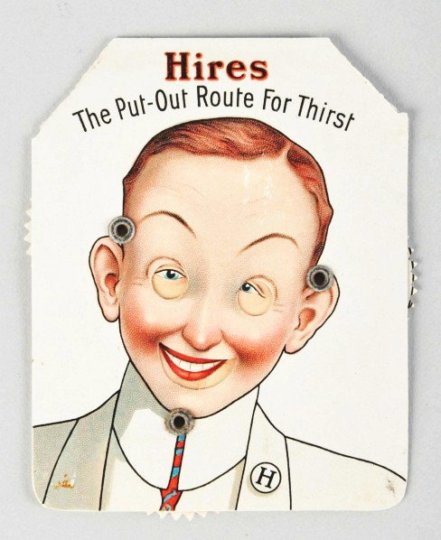 Early Celluloid Hire's Root Beer Scorekeeper.: Description 1910 to 1915. Neat item with different scores on back that reveal different eyes and mouths on front of the piece. Some minor rubs, small stains on back, and top corners are missing. Condi