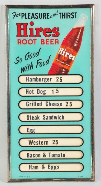 Reverse on Glass Hire's Root Beer Menu Board.: Description Circa 1950s. Original chrome frame with some minor surface rust. Clean and bright overall. Condition (Excellent Plus). Size Framed: 24" x 12".