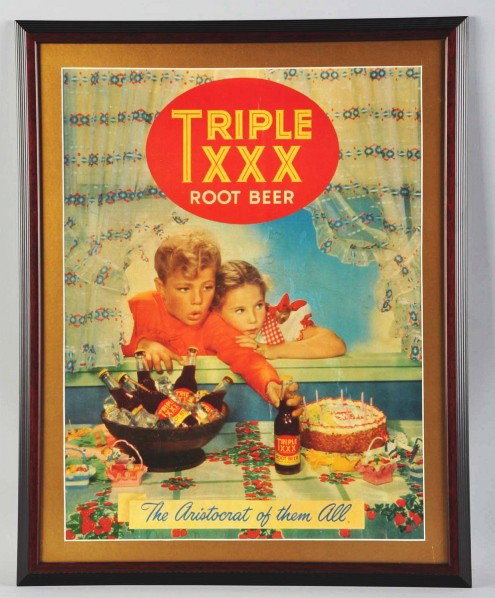 Cardboard Triple XXX Root Beer Poster.: Description 1950s. Matted and framed under glass. Some closed tears, surface ripples, delamination, and light soiling. Condition (Very Good). Size Framed: 30" x 24".