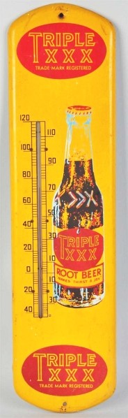 Tin Triple XXX Root Beer Thermometer.: Description 1940s to 1950s. Some heavy rust on back with general overall soiling, medium wear to front, a few small marks, and nicks. Condition (Very Good). Size 27 - 1/4" T.