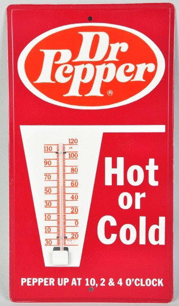 Tin Dr. Pepper Thermometer & box.: Description 1970s to 1980s. No wear noted. Condition (Near Mint Plus). Size 12": x 6 - 3/4".