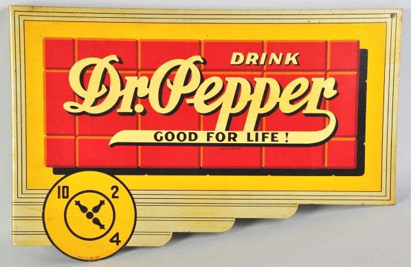 Tin Dr. Pepper Flange Sign.: Description 1940s. Probably never used with only a few minor marks or scratches. One side has been varnished with a few varnish spots on the other side. Some paper residue from original protective pap