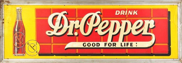 Embossed Tin Dr. Pepper Sign.: Description 1940s. Some surface dents and crimps, edge bends, edge rust, a few nail holes, and general overall wear. Condition (Good). Size 18" x 54".
