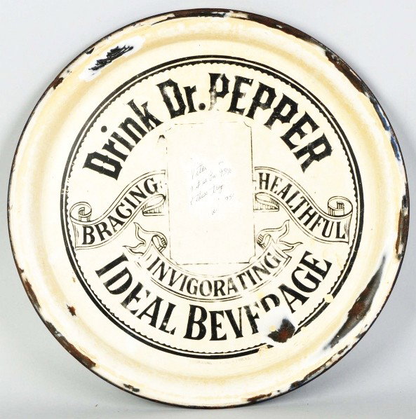 Porcelain Dr. Pepper Serving Tray.: Description Circa 1900 to 1905. Heavy porcelain chips and nicks, medium soiling, and loss of transfer to dispenser in middle. Condition (Good). Size 15" Dia.