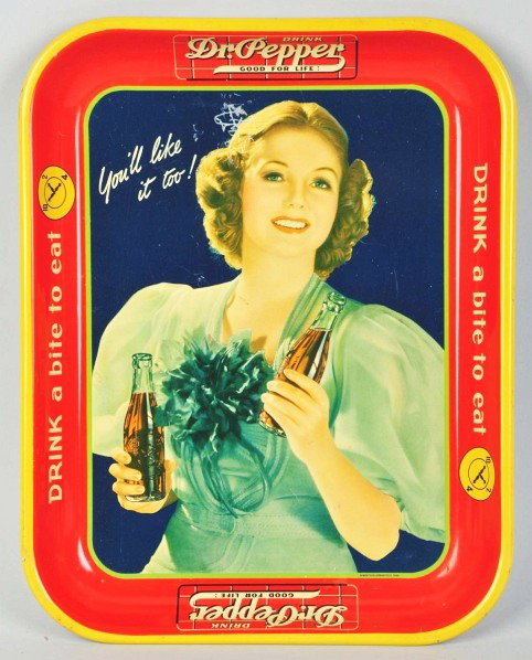 Dr. Pepper Serving Tray.: Description 1940s. A few small dents, short strong scratches on face, minor marks, and light wear. Condition (Very Good). Size 13 - 1/4" x 10 - 1/2".