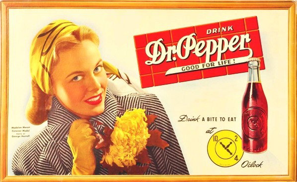 Cardboard Dr. Pepper Horizontal Poster.: Description 1940s. Clean and bright with little to no marks or wear. Only very small edge wear to upper right corner and one small paper chip to extreme outer edge. Condition (Near Mint). Size 31 - 3/