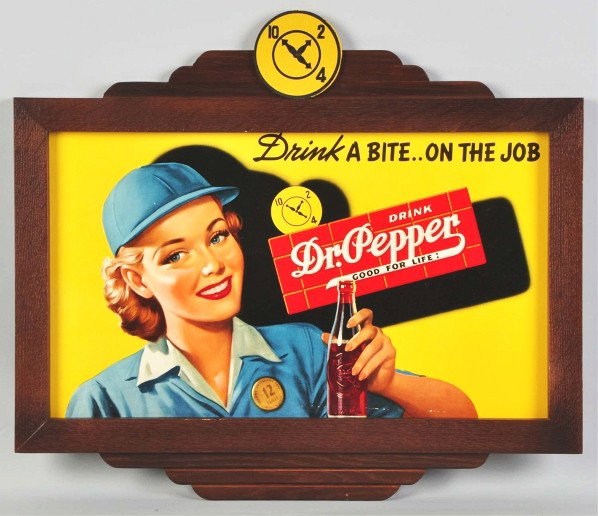 Cardboard Dr. Pepper Horizontal Poster.: Description 1940s. Complete with beautiful reproduction wooden frame. Almost no wear with some small minor marks along horizontal line near bottom center. Condition (Excellent - Near Mint). Size Frame