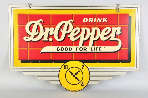 Dr. Pepper 2-Sided Sidewalk Sign.: Description Better side has only a few short, small scratches and a few light paint nicks. The other side has some minor surface rust, small dark spots, long scratches, and paint chips. Condition (Ver