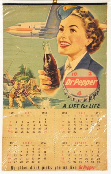 1953 Dr. Pepper Calendar.: Description Missing middle page. General soiling and light wear. Condition (Very Good). Size 20 - 1/2" x 12 - 3/4".