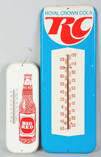 Lot of 2: Tin RC Cola & Big Red Thermometers.: Description 1960s to 1970s. The Big Red thermometer has only light wear or soiling while the RC Cola thermometer has heavier soiling, a few small marks, and paint chips. Condition (Very Good - Near Mi