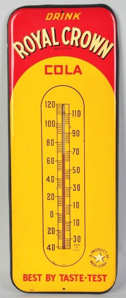 Tin RC Cola Thermometer.: Description 1940s. Nice colors with only a few small scratches, minor marks, and light wear. Condition (Excellent). Size 25 - 1/2" T.