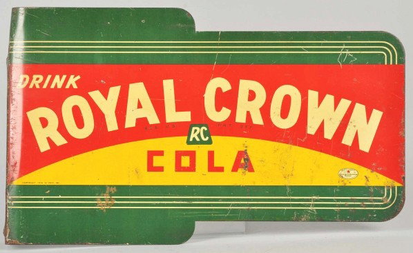 Tin RC Cola Flange Sign.: Description 1930s to 1940s. Heavy overall wear with one bend to flange intersection and large areas of paint loss near flange. Condition (Fair - Good). Size 18" x 10 - 3/4".