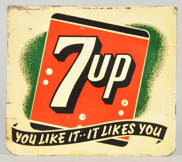Tin 7up Flange Sign.: Description 1954. Some strong paint chips, medium scratches, and soiling. Condition (Excellent). Size 9 - 1/2" x 10 - 3/4".