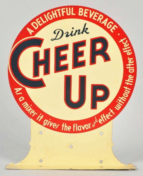 Tin Cheer Up Vertical Flange.: Description 1940s. Clean and bright with only minor marks and small nicks. Condition (Excellent - Near Mint). Size 12 - 1/2" x 10".