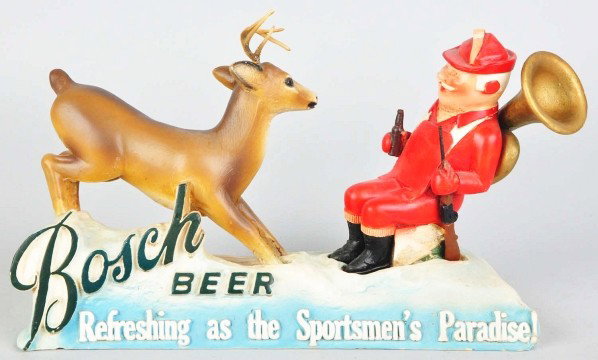 Plaster Bosch Beer with Hunter Advertising Figure: Description 1950s. Original finish. Deer is missing one antler. Condition (Excellent). Size 11 - 1/2" L.