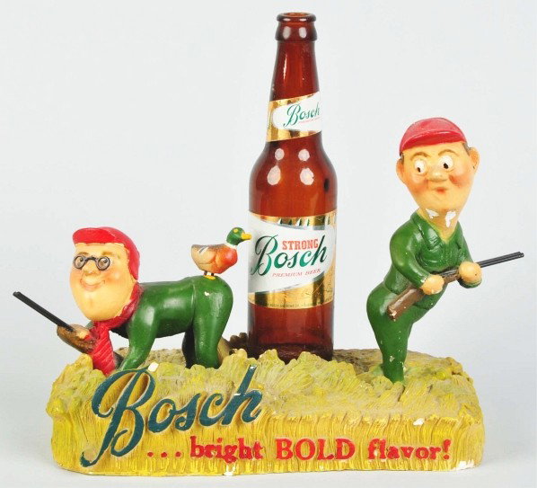 Plaster Bosch Beer Hunters Advertising Figure.: Description 1950s. Original finish. Minor repaired cracks and chips. Condition (Excellent). Size 11 - 1/2" T.