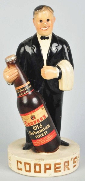 Plaster Coopers Beer Advertising Figure.: Description 1930s. Original finish. Minor paint chips and cracks. Condition (Excellent). Size 15 - 1/2" T.