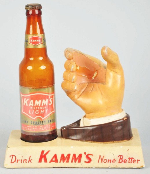 Plaster Kamm's Beer Advertising Figure.: Description 1940s. Original finish. Missing glass. Condition (Excellent). Size 10 - 3/4" T.