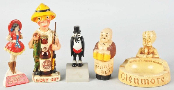 Lot of 5: Advertising Figures.: Description 1940s. Plaster and plastic. Condition (Excellent). Size Largest: 7 - 3/4" T.