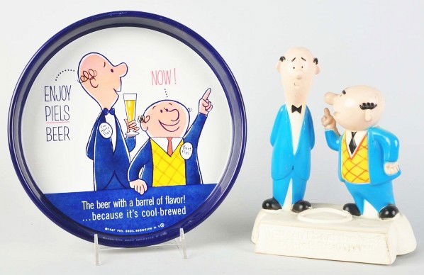 Lot of 2: Piels Beer Advertising Figures.: Description 1960s. Tin serving tray with vinyl Bert and Harry figures. Condition (Excellent). Size Largest: 11 - 1/2" T.