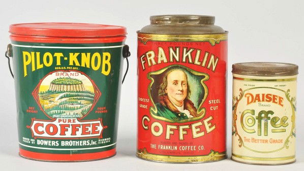 Lot of 3: Coffee Cans.: Description Includes Pilot-Knob, Franklin, and Daisee. The lid on the Pilot-Knob can may not be original and has minor dents and light surface scratches. The Franklin can has bright color remaining wi