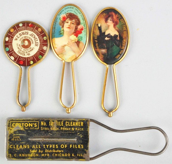Lot of 4: Pocket Mirrors & Advertising Brush.: Description Heavy wear to brush and only light to medium wear on the three mirrors. Condition (Very Good - Excellent). Size Largest: 7 - 3/4" L.
