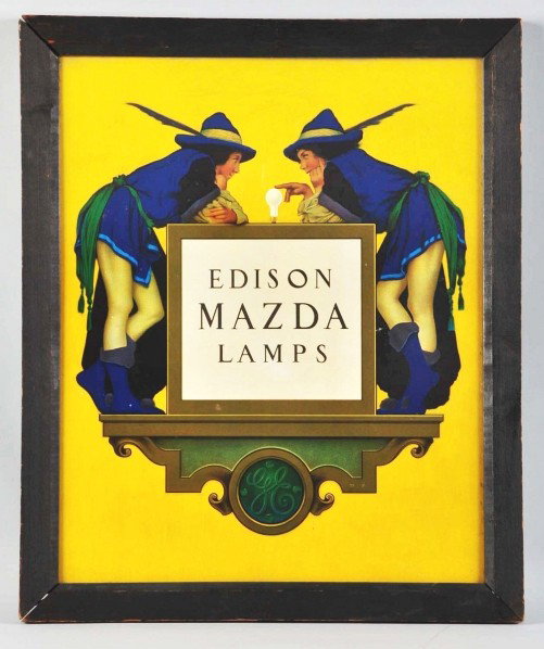 Tin Edison Mazda Lamps 2-Sided Sign.: Description Circa 1915 to 1920. Beautiful sign featuring classic Maxfield Parris artwork, signed "MP" in lower right corner. Advertising for GE light bulbs. Strong color and graphics on both sides wit