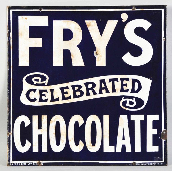 Heavy Porcelain British Fry's Chocolate Sign.: Description 1900 to 1910. A few surface chips, nicks, wear, and darker stains. Condition (Very Good). Size 20" x 20".