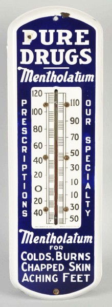Porcelain Mentholatum Thermometer.: Description 1920s to 1930s. Very clean and bright with only one small chip near top mounting hole and near "P" of "Pure" at top left. Also one minor edge nick to lower left edge. Condition (Excellent