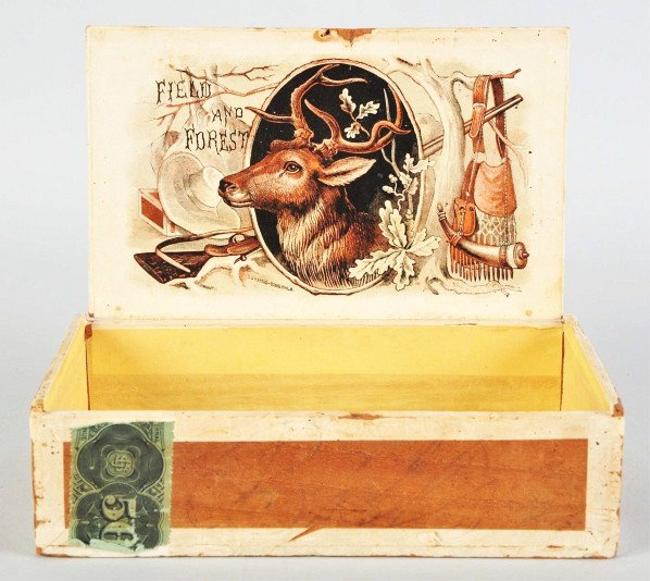 Field & Forest Cigar Box.: Description Inner label has some small dark spots, light to medium soiling, and one chip and nick to top center border. Condition (Very Good). Size 8 - 1/2" L.
