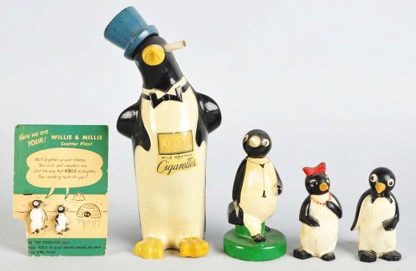 Lot of 5: Kool Penguin Advertising Figures.: Description 1930s to 1950s. Includes two metal pins, plastic lighter, salt and pepper shakers, and Dr. Kool paperweight. Left foot on lighter is a replacement. Condition (Excellent). Size Largest: 9"