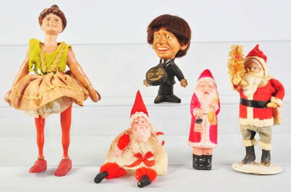 Lot of 5: Miscellaneous Character Items.: Description Includes three Japanese Santa Claus items, one Ideal Ringo Starr Beatles doll, and one Schoenhut Ballerina. Ringo's face has darkened and ballerina's outfit has moth holes. Condition (Good