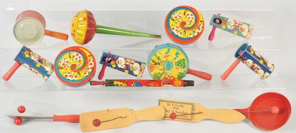 Lot of Tin & Wooden Noisemakers.: Description American and German. Some with nice lithography. Some wear overall. Condition (Excellent). Size Largest: 9 - 1/2" L.