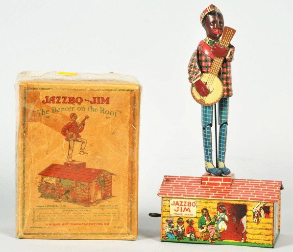 Tin Litho Unique Art Jazzbo Jim Wind-Up Toy.: Description American. Working. Original arms and banjo. Some minor scratching and wear. Includes original box wrapped in plastic with some creasing and wear. Condition (Very Good). Size 10" T.