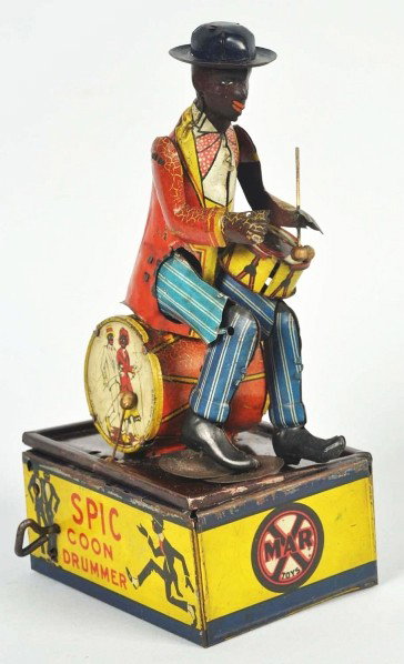 Tin Litho Marx Spic Drumming Wind-Up Toy.: Description American. Working. All original including drumsticks. Base needs to be re-tabbed. Lithography has some crazing and wear. Condition (Good - Very Good). Size 8 - 1/2" T.