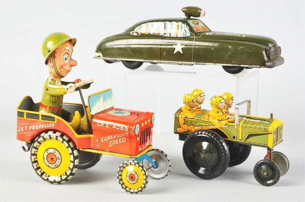 Lot of 3: Tin Litho Military Vehicle Wind-Up Toys: Description American. Working. Includes one Marx Army Staff car, one Marx Jumpin' Jeep, and one Unique Art G.I. Joe in Jeep. All have some scratching and wear. Condition (Very Good). Size Largest: 11"