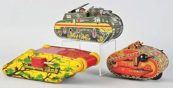 Lot of 3: Tin Litho Tank Toys.: Description American. Includes two Marx and one Sunny Andy made by Wolverine. Some wear overall. Condition (Excellent). Size Largest: 14 - 1/2" L.