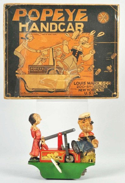 Tin Litho Marx Popeye Handcar Wind-Up Toy.: Description American. Working. Handcar comes with the usual melted rubber figures. Includes original box with creasing and tearing. Condition (Good). Size 6" L.