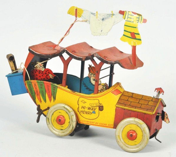 Tin Litho Nifty Hi-Way Henry Auto Wind-Up Toy.: Description American. Working. Marked "Copyright by Oscar Hitt" on side. Appears to be all original except for replacement wash line. One of the more desirable comic character toys. Some minor scratch