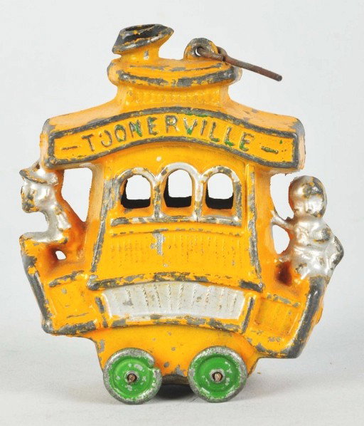 Barclay Toonerville Trolley Toy.: Description American. Marked "1923 F. Fox". Appears to have its original trolley pull. No breaks or cracks. Moderate overall wear. Condition (Very Good). Size 3 - 1/2" L. CORRECTION: Toy is not cast i