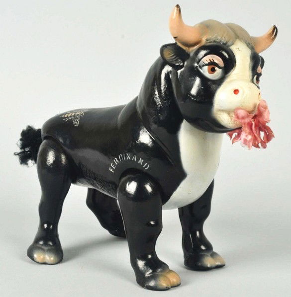 Composition Ideal Ferdinand the Bull Figure.: Description American. Jointed arms and legs. Original tail and ribbon in mouth. Very little crazing and wear. Condition (Excellent). Size 9" L.