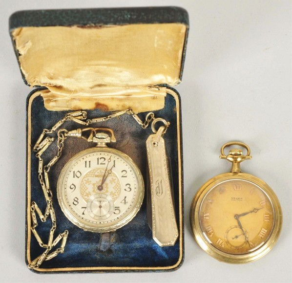 Lot of 2: Pocket Watches.: Description Includes one 19J Premier watch with chain and pocket knife in working condition and Gruen Verithin Model 1919 17J gold-filled watch which works sporadically.
