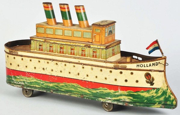 Tin Litho Holland Ship Biscuit Tin.: Description German. Original flag and stacks. Marked "Holland" on front of boat. Opens at super structure. Moderate scratching and wear and some pitting to metal. Condition (Very Good). Size 13" x 24"