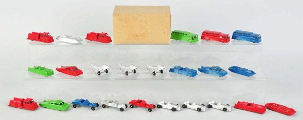 Lot of 24: Midgetoy Diecast Vehicles.: Description Includes various cards, busses, trucks, airplanes, and original store display box. Unused condition. Condition (Near Mint). Size Largest: 4" Wingspan.